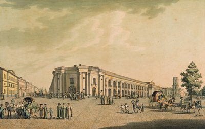 Uitzicht op de Russische winkels aan de Nevsky Prospekt, met het huis van de Doema, St. Petersburg, 1802 (gravure) door Benjamin Patersson